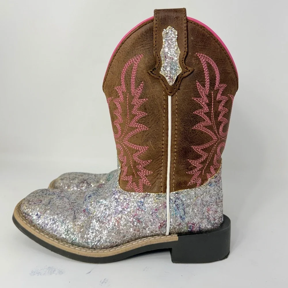Smoky Mountain Boots Girls Silver Glitter Brown Leather Western Boots  Sz 11